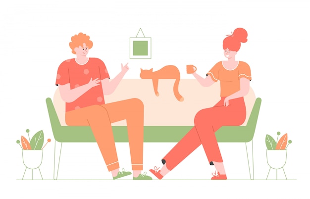 Young guy and girl are sitting in the living room on the couch. A cute cat lies nearby. They talk, have fun in the evening in home comfort. Modern colorful  flat illustration.