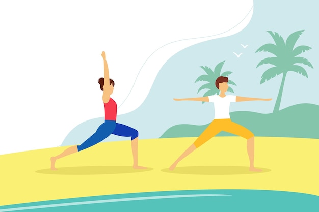 Young guy and girl doing yoga on the beach Active lifestyle concept Summer vector illustration in flat style