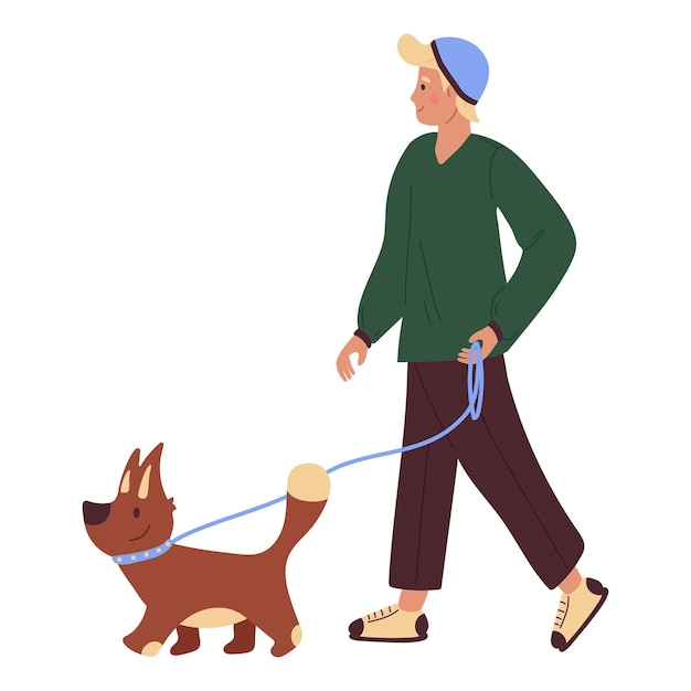 A young guy in a green sweater and dark pants walks with a dog on a leash Vector illustration