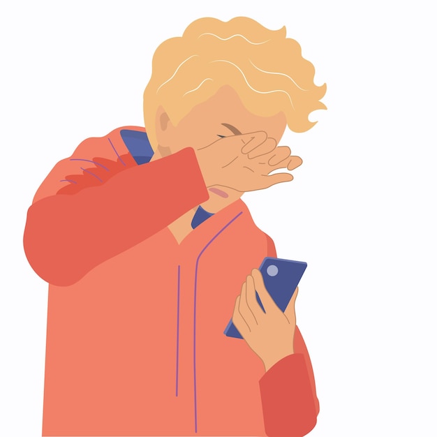 The young guy is crying and suffering Holds a mobile phone in his handHand drawn style vector illustration design