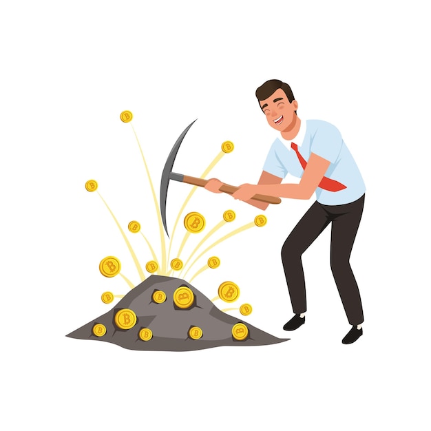 Young guy mining cryptocurrency with pickaxe. Cheerful man extracting bitcoins. Virtual money theme. Cartoon character of businessman in blue shirt, black pants and red tie. Flat vector illustration.