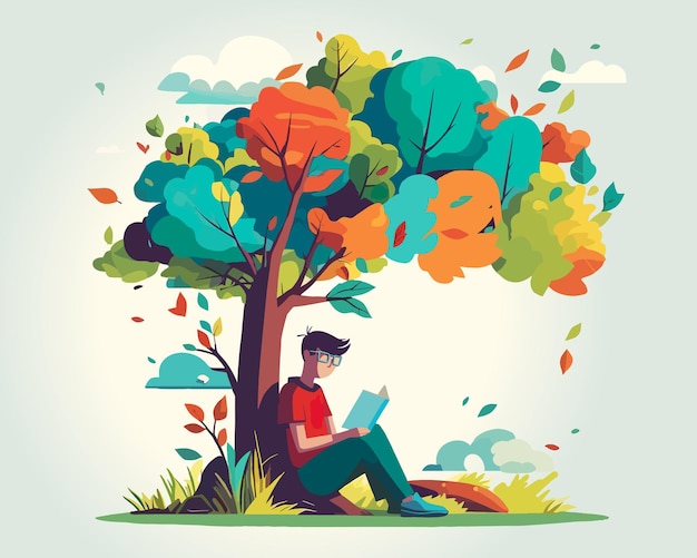 Young guy reading a book outside amongst nature underneath a tree full of colorful leaves