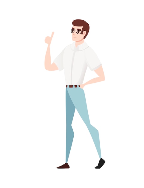 Young guy with glasses wearing casual clothes and gesturing cartoon character design flat vector illustration isolated on white background.