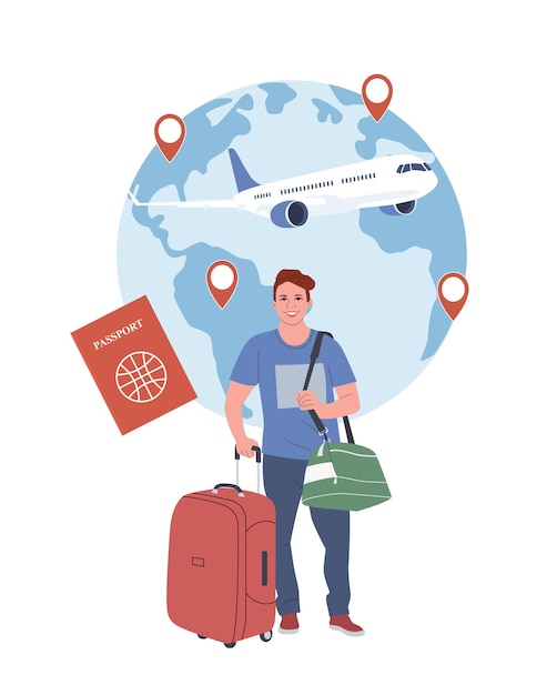 Young guy with suitcase on the background of the globe and the plane