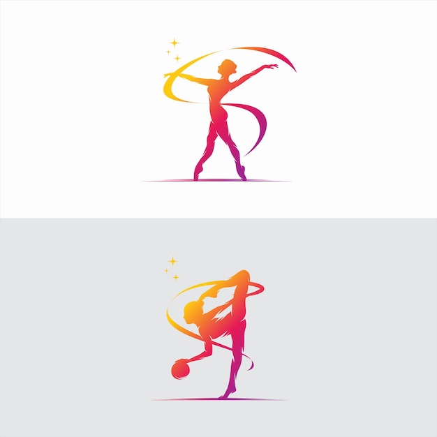 Young gymnast woman dance with ribbon logo