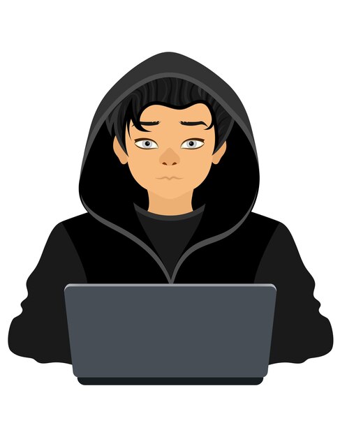 Vector young hacker programmer it specialist coder sitting at a laptop in a sweater with a hood flat style vector illustration