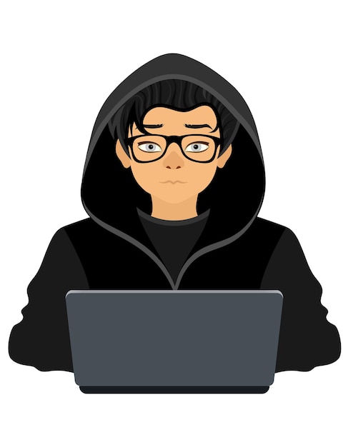 young hacker programmer it specialist coder sitting at a laptop in a sweater with a hood flat style vector illustration