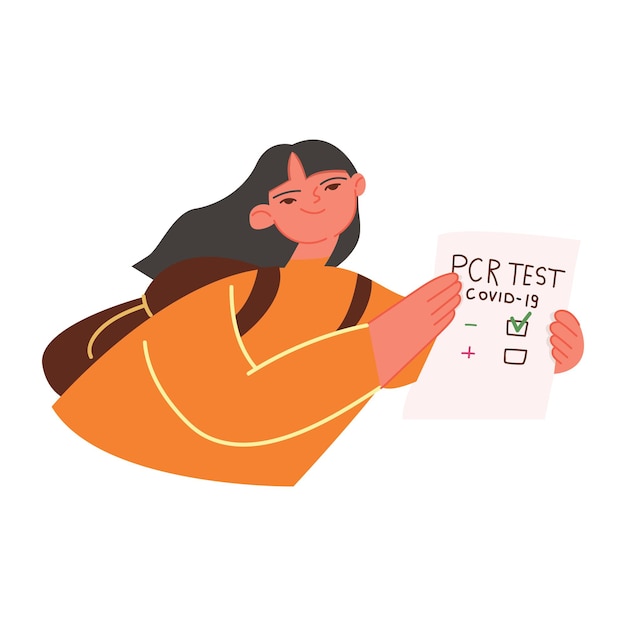 Young hand-drawn character holds a negative PCR test in his hands. A happy cartoon girl with an document. Prevention of infectious diseases. Vector illustration on a white isolated background.