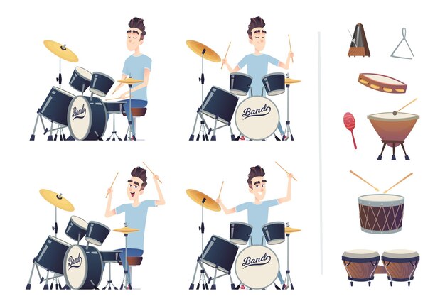 Vector young handsome guy playing the drums a set of percussion instruments drummer practiced