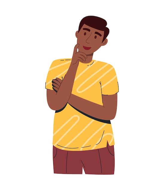 A young handsome man ponders the question and holds his chin In a yellow Tshirt and brown trousers