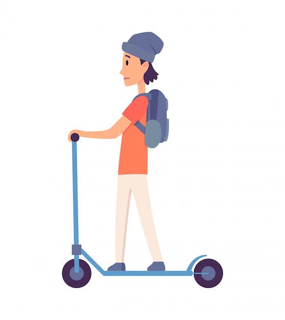 Young handsome man riding an scooter, modern outdoor transport, standing pose. People riding electric. Design for rent service a quick eco ride. illustration in flat style