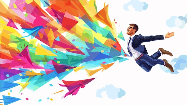 Vector young happy businessman flying in sky on colorful wind