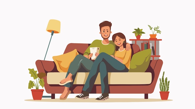 Young Happy Couple at Home Flat Style Vector Illustration