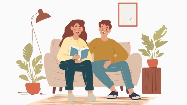 Young Happy Couple at Home Flat Style Vector Illustration