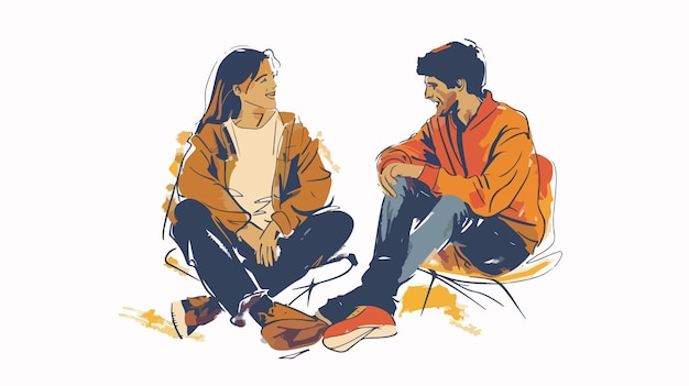 Vector young happy couple sitting together at home and talking