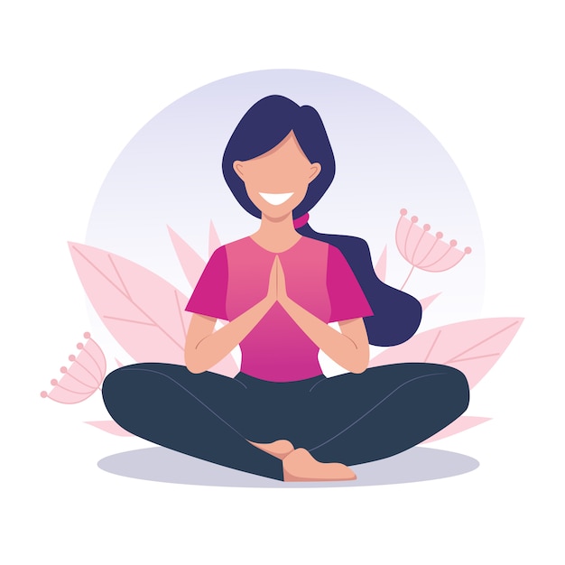 A young and happy girl practices yoga and meditates. Lotus position, padmasana. Vector illustration