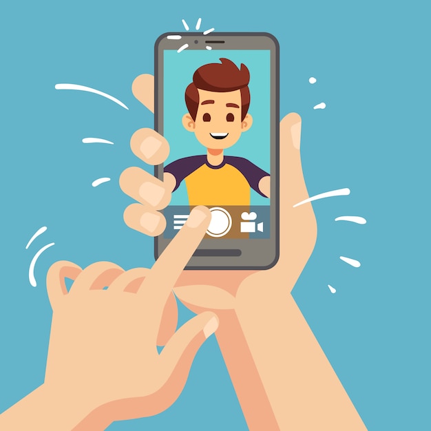 Young happy man taking selfie photo on smartphone. Male face portrait on cellphone screen. Cartoon  illustration