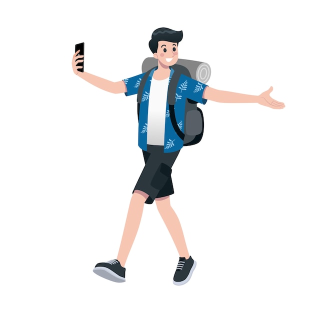 Young happy man tourist flat cartoon character Traveling male people on summer vacation trip Isolated on white background