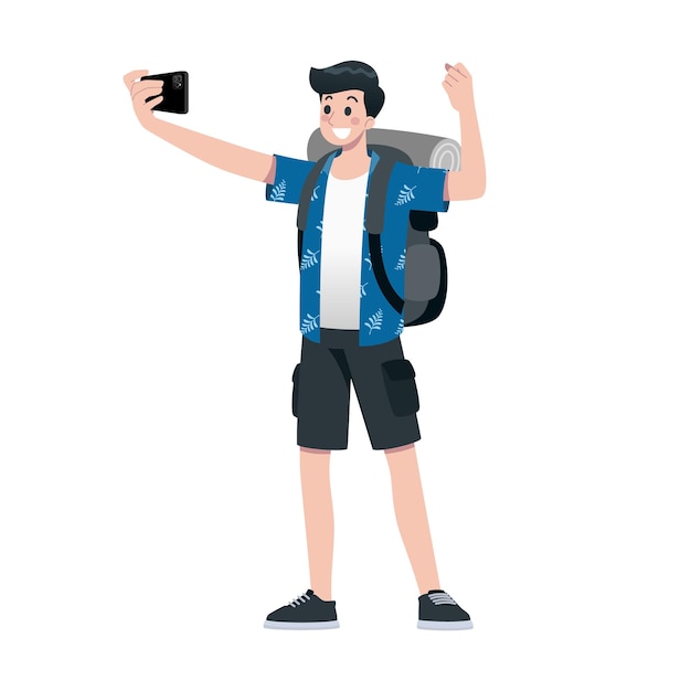 Young happy man tourist flat cartoon character Traveling male people on summer vacation trip Isolated on white background