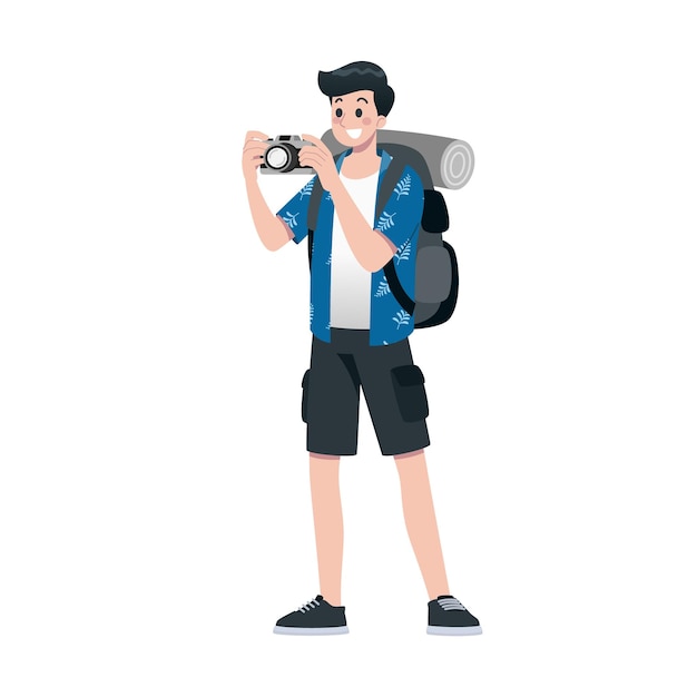 Young happy man tourist flat cartoon character Traveling male people on summer vacation trip Isolated on white background