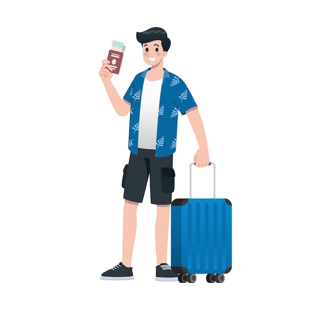 Young happy man tourist flat cartoon character Traveling male people on summer vacation trip Isolated on white background