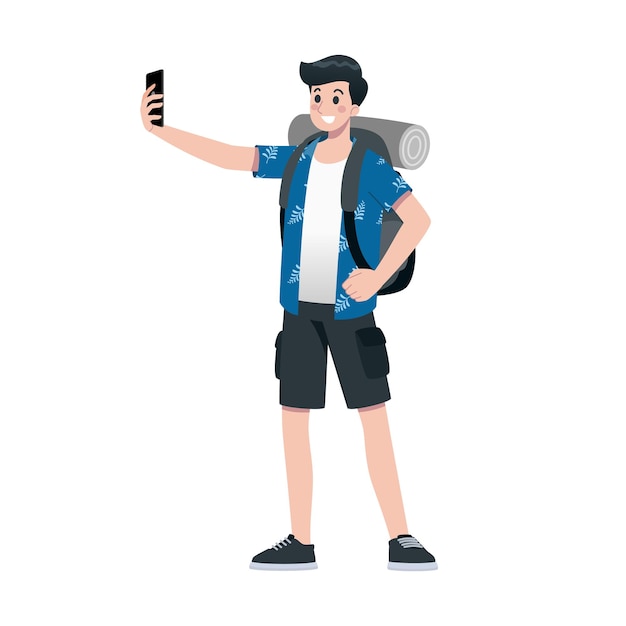 Young happy man tourist flat cartoon character Traveling male people on summer vacation trip Isolated on white background