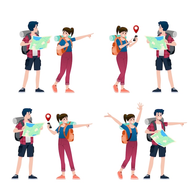 Young happy man and woman tourists flat cartoon character Around the world traveling male and female people on a summer vacation trip Isolated on white background