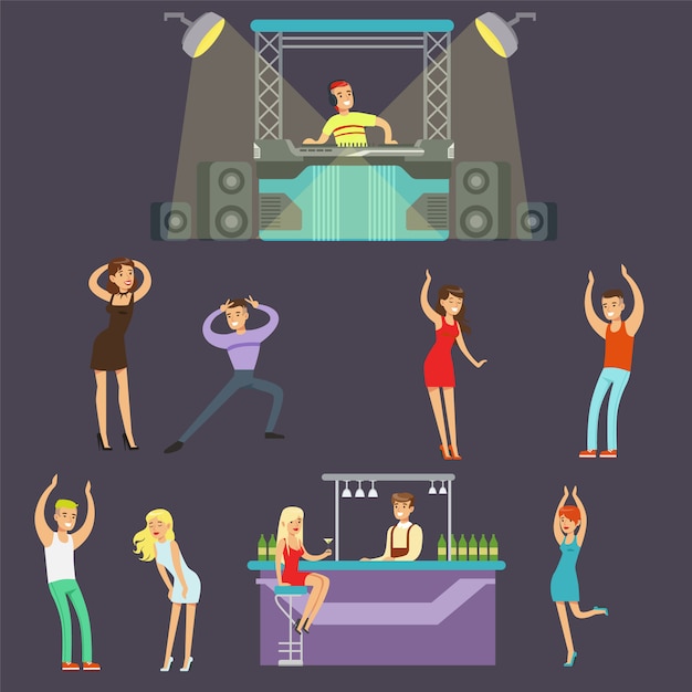 Young Happy People Dancing In Night Club And Drinking In The Bar With DJ Playing Music Cartoon   Illustration