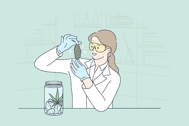 Young happy smiling woman scientist medical worker cartoon character researching cbd weed in laboratory