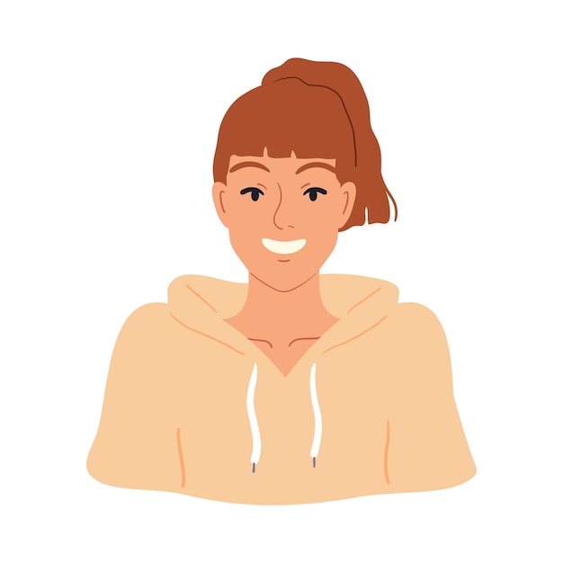 Young happy woman, face portrait. Laughing girl. Pretty funny redhead character in a hoodie