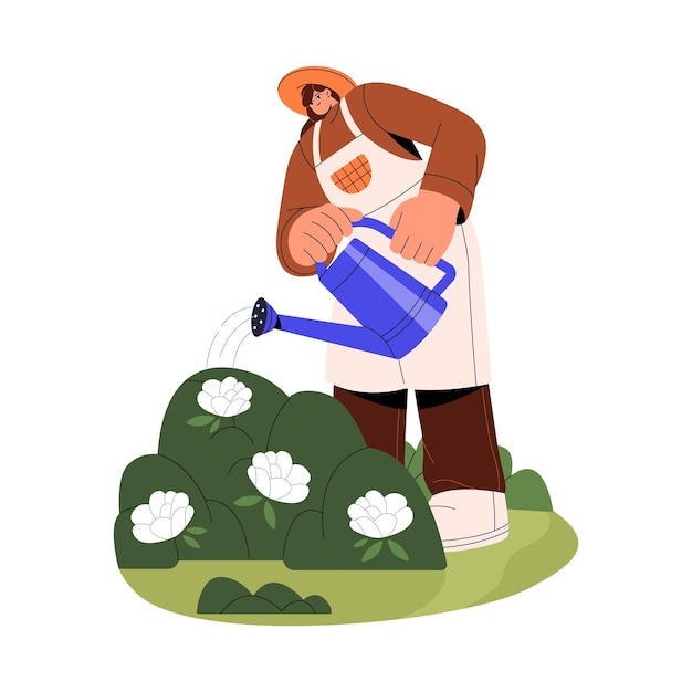 Young happy woman takes care of flowers Rural worker growing plants waters bushes Gardener in hat works with watering can in summer garden Flat isolated vector illustration on white background