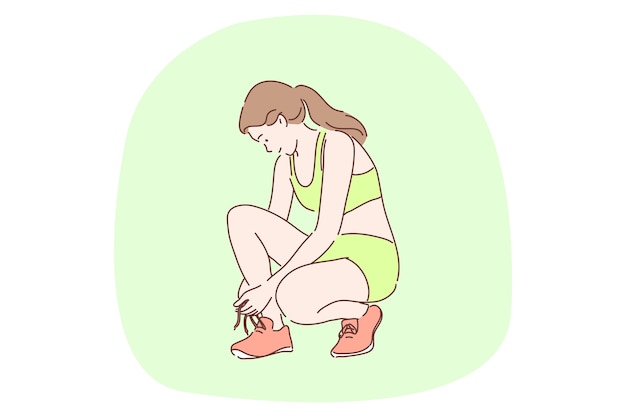 Young happy woman teen athlete cartoon character tying shoelaces