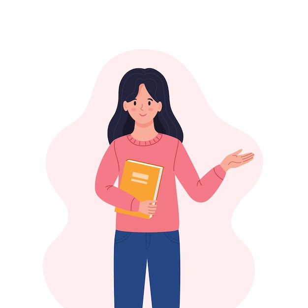 A young happy woman with a book Teacher's Day the concept Cute illustration in a flat cartoon style