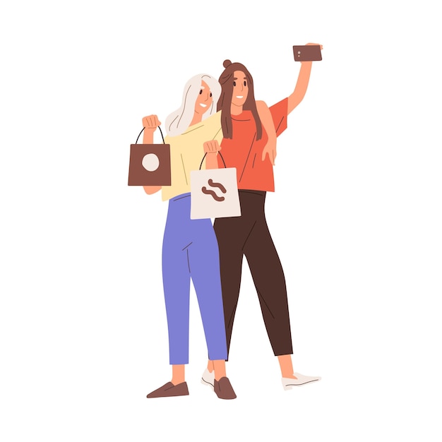 Young happy women with shopping bags taking selfie photo with mobile phone. Smiling hugging girlfriends with smartphone. Flat vector illustration of female friends isolated on white background.