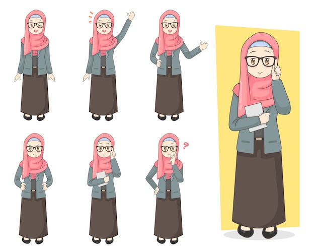 Young hijab girl character set w