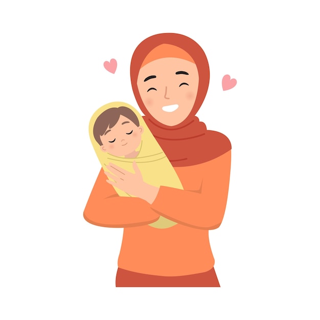 Young hijab mother holding her baby with happy face