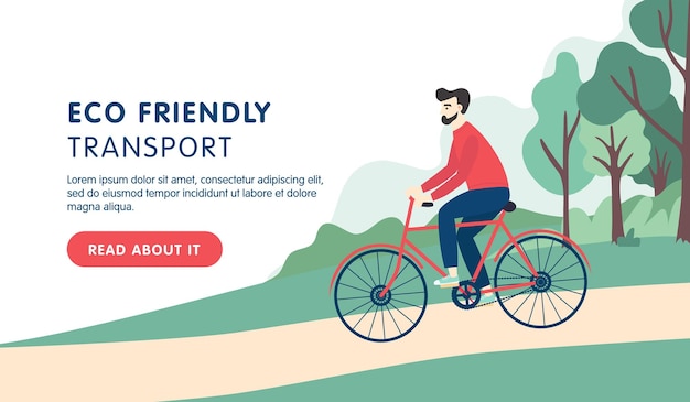 Young hipster man riding a bicycle on a park road Banner site landing design