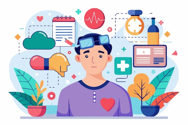 Vector a young individual is surrounded by healthrelated icons representing epilepsy awareness and management customizable flat illustration for epilepsy