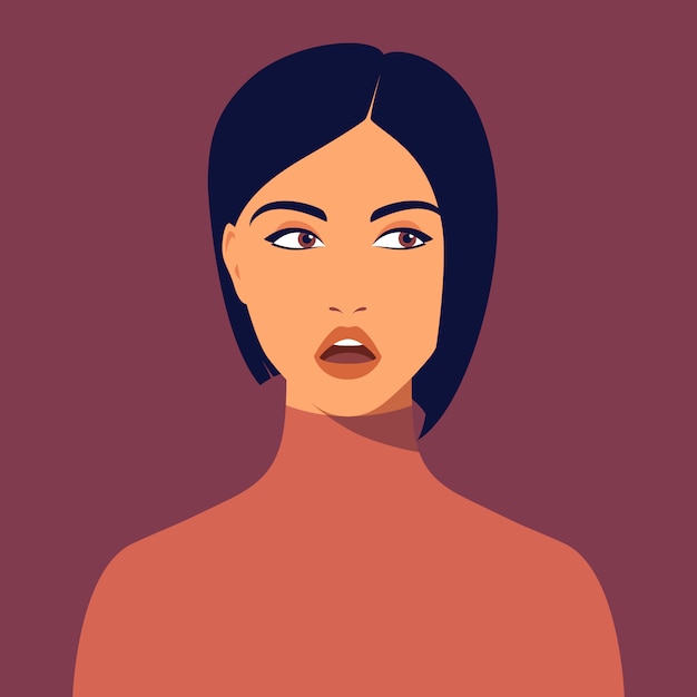 Young interested woman with short haircut. Portrait of beautiful brunette. Avatar interested girl for social networks. Abstract female portrait, full face. illustration in flat style.