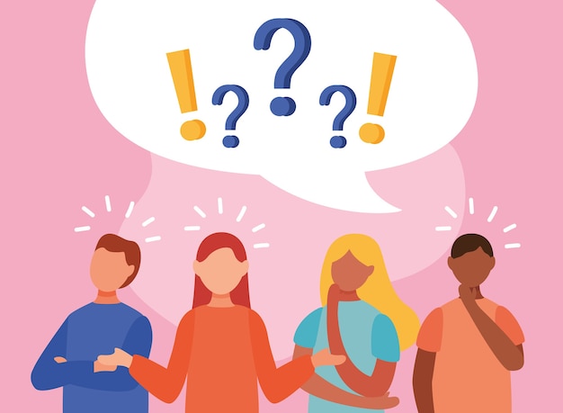 Young interracial people doubting with question and exclamation marks in speech bubble vector illustration design