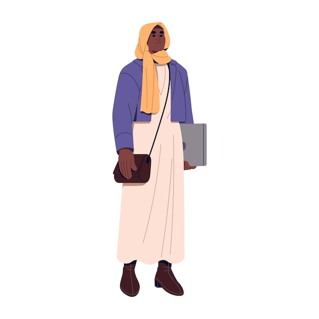 Vector young islamic woman in hijab holds laptop in hand muslim girl in headscarf with stylish shoulder bag fashion moslem in dress to office work flat isolated vector illustration on white background