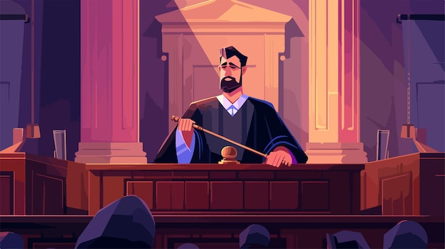 Vector young judge with gavel in court concept