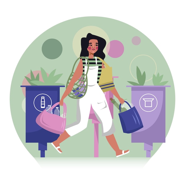 Vector young lady carry bags with different trash to containers