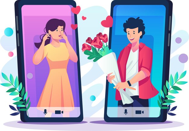 Vector young lover man giving flowers to her girlfriend through a smartphone online dating and virtual relationships concept on flat style vector illustration