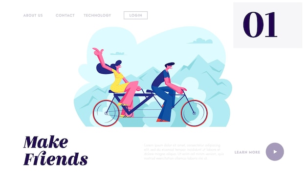 Vector young loving couple ride tandem bicycle. summer time vacation sparetime, leisure, romantic voyage. love relations. bike cycling website landing page, web page. cartoon flat vector illustration