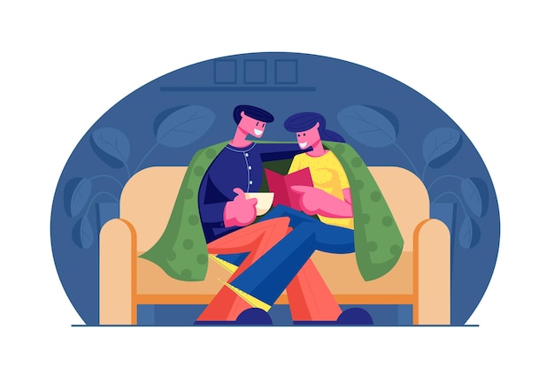 Young Loving Couple Spend Time at Home Sitting on Couch Together under Plaid Reading Book and Drinking Beverage on Weekend Evening. Cartoon Flat  Illustration