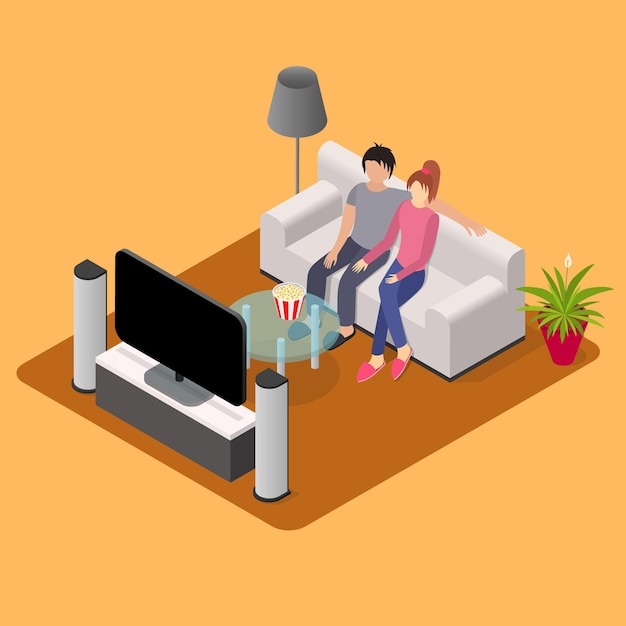 Young Loving Couple Watching Tv Isometric View Interior Living Room