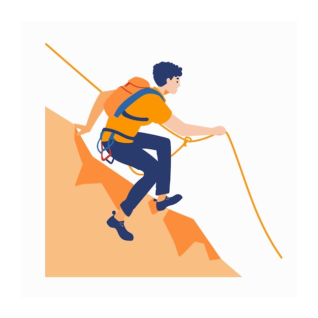 Vector young male climber ascending steep cliff rope man engages rock climbing wearing safety harness