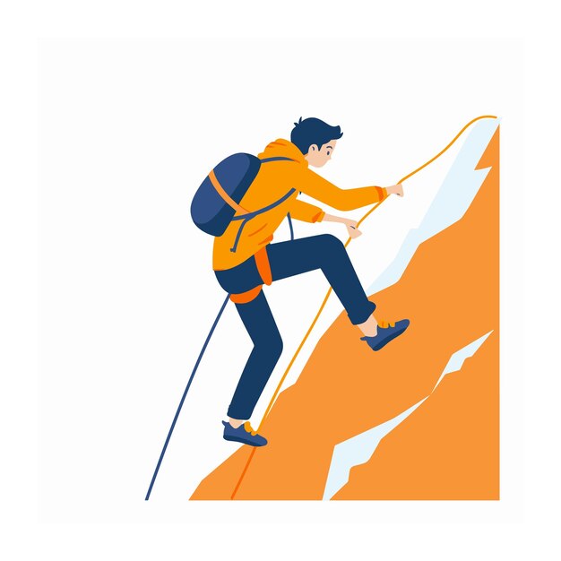 Vector young male climber ascending steep cliff using ropes crampons determined man engaged rock