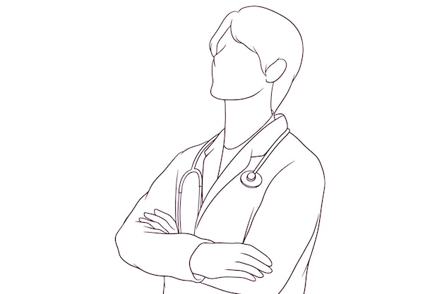 A young male doctor stands with his arms crossed in a hand drawn vector illustration